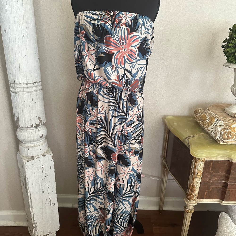 Blue and Pink Tropical Floral Jumpsuit with Wide-Leg Design